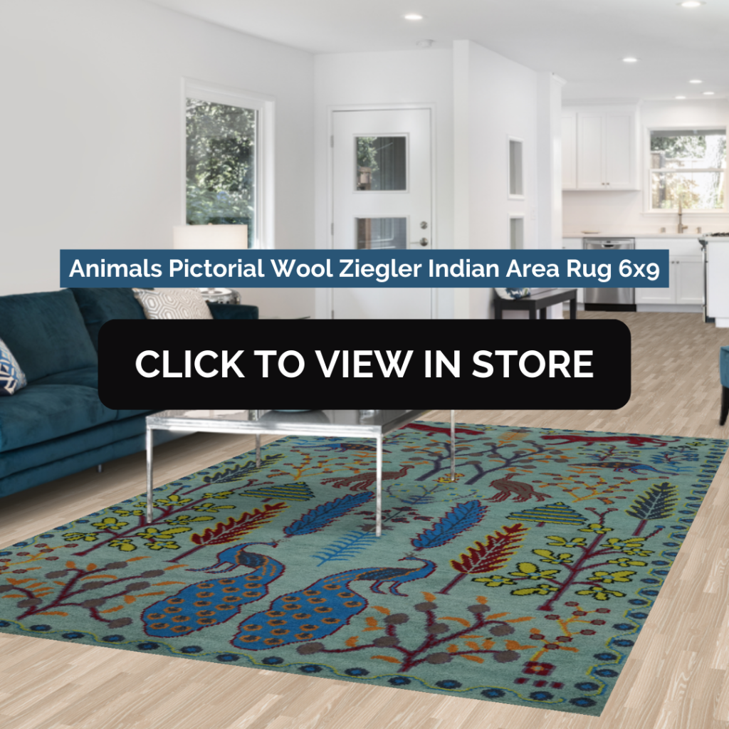 Bright and airy living room featuring a vibrant 6x9 Animals Pictorial Wool Ziegler Indian area rug with a detailed depiction of peacocks and foliage in shades of blue, green, and red on a muted turquoise background. The rug adds a unique artistic touch to the room, complementing the sleek modern furniture, including a plush teal sofa and a minimalist glass coffee table. Light wood flooring and natural light from adjacent windows enhance the space's inviting and lively ambiance.