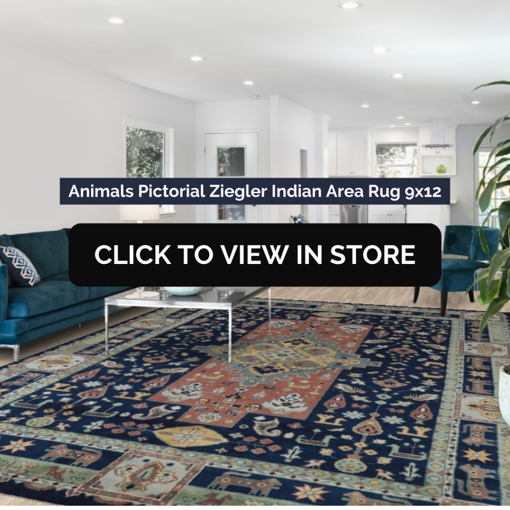 Open-concept living space showcasing a luxurious 9x12 Animals Pictorial Ziegler Indian area rug. The rug features a bold navy-blue background with intricate motifs of animals and florals in rich hues of red, orange, and green. It acts as a statement piece, harmonizing with the modern interior decor, including a teal velvet sofa and a sleek glass coffee table. The bright natural lighting and minimalist furnishings enhance the detailed artistry of the rug, creating a balanced and inviting environment.