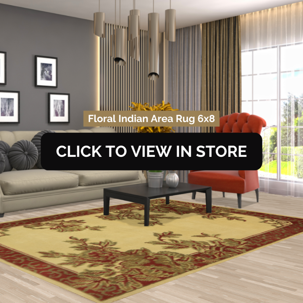 A modern living room featuring a 6x8 Floral Indian Area Rug with a classic red and gold floral pattern. The elegant rug complements the room's sleek furniture, including a beige sofa, red accent chair, and minimalist black coffee table.