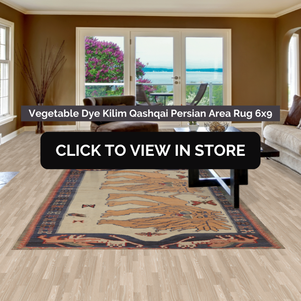 Elegant living room featuring a 6x9 Vegetable Dye Kilim Qashqai Persian area rug. The rug showcases intricate patterns with a lion motif, adding a bold statement to the space. The warm brown walls and large glass doors open to a stunning ocean view, creating a perfect blend of sophistication and serenity.