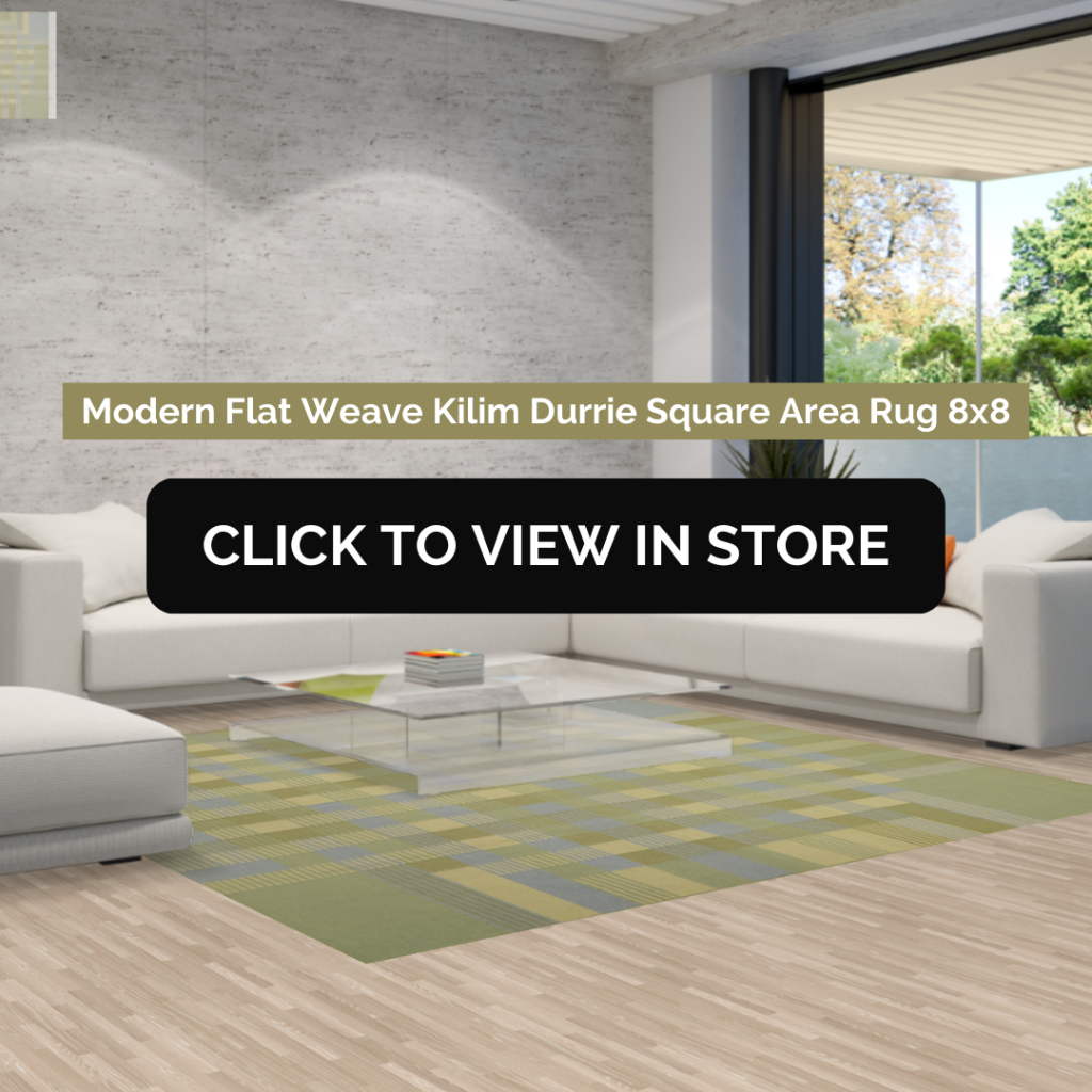 Stylish modern living room showcasing an 8x8 square Modern Flat Weave Kilim Durrie area rug in soft green and yellow plaid, perfectly complementing the minimalistic décor with its bright walls, large glass windows, and comfortable white sectional sofa.
