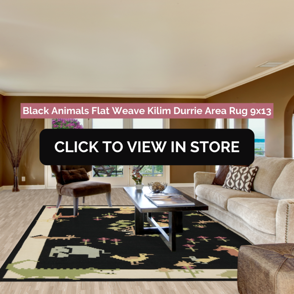 Cozy and spacious living room featuring a 9x13 Black Animals Flat Weave Kilim Durrie area rug with intricate animal motifs. The bold black rug contrasts beautifully with the soft beige sofa, warm brown walls, and large windows overlooking a serene outdoor view.