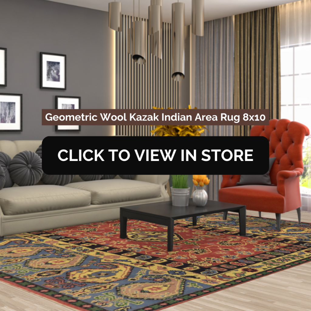 Geometric Wool Kazak Indian Area Rug (8x10) displayed in a modern living room. The rug features a vibrant geometric pattern in red, blue, yellow, and black, complementing the contemporary décor with a beige sofa, black coffee table, and a red accent chair. The image includes text: "Geometric Wool Kazak Indian Area Rug 8x10" and a call-to-action button: "CLICK TO VIEW IN STORE."