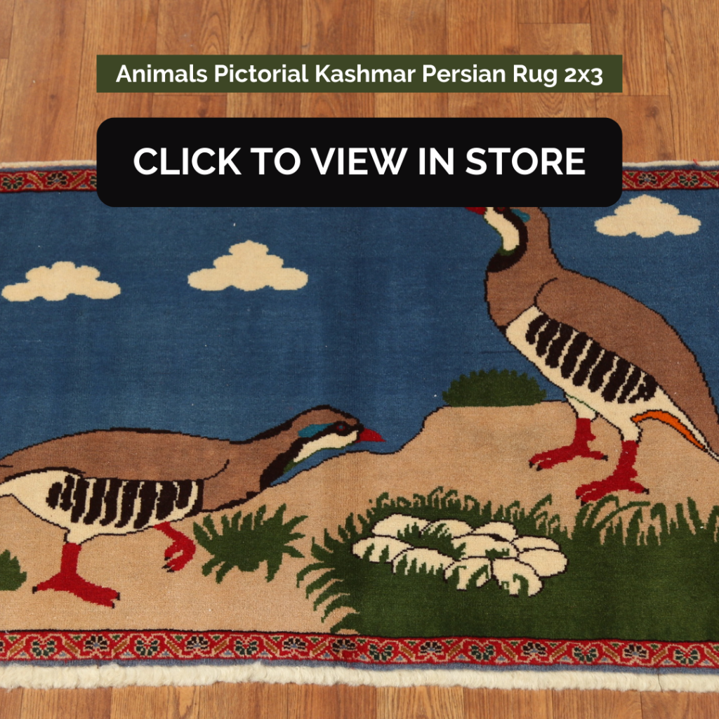 A Animals Pictorial Kashmar Persian Rug (2x3) featuring a detailed design of two partridge birds in a natural landscape with a blue sky, white clouds, green grass, and a nest with eggs. The rug has intricate red and floral borders and lies on a wooden floor. The image includes text: "Animals Pictorial Kashmar Persian Rug 2x3" and a call-to-action button: "CLICK TO VIEW IN STORE."