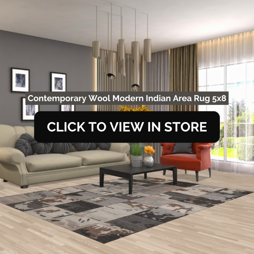 A modern living room showcasing a Contemporary Wool Modern Indian Area Rug (5x8) with a patchwork design in various shades of gray, black, and beige. The room features a beige sofa with decorative pillows, a black coffee table, a red accent chair, and contemporary pendant lighting. The image contains text: "Contemporary Wool Modern Indian Area Rug 5x8" and a call-to-action button: "CLICK TO VIEW IN STORE."