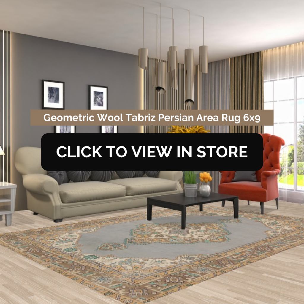Geometric Wool Tabriz Persian Area Rug (6x9) placed in a stylish living room. The rug has a soft gray background with a detailed geometric border in gold and blue hues, complementing the neutral color scheme. The space includes a beige sofa, black coffee table, red accent chair, and decorative elements such as hanging lights and framed wall art. The image includes text: "Geometric Wool Tabriz Persian Area Rug 6x9" and a call-to-action button: "CLICK TO VIEW IN STORE."
