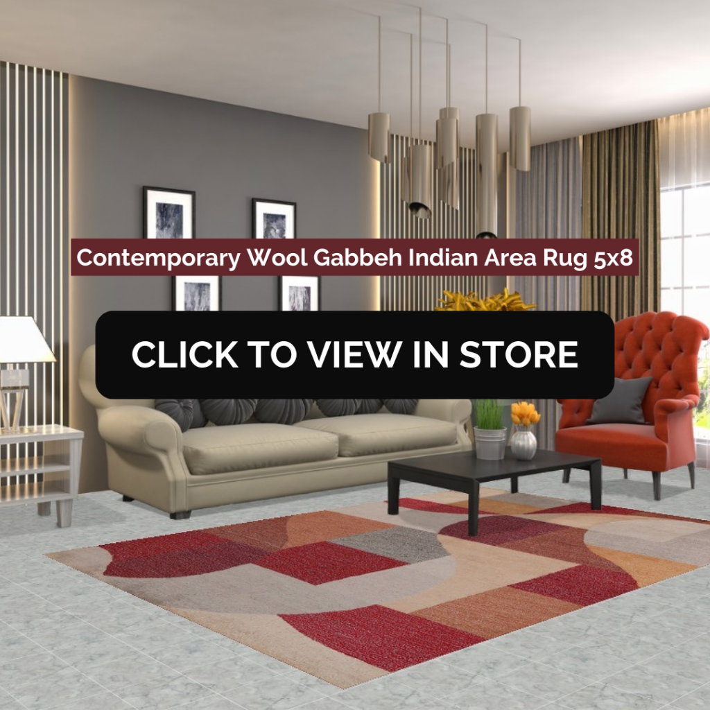 Contemporary Wool Gabbeh Indian Area Rug (5x8) placed in a stylish living room. The rug features an abstract design with red, beige, and gray tones, adding a modern touch to the space, which includes a beige sofa, black coffee table, red accent chair, and decorative elements like hanging lights and framed wall art. The image includes text: "Contemporary Wool Gabbeh Indian Area Rug 5x8" and a call-to-action button: "CLICK TO VIEW IN STORE."