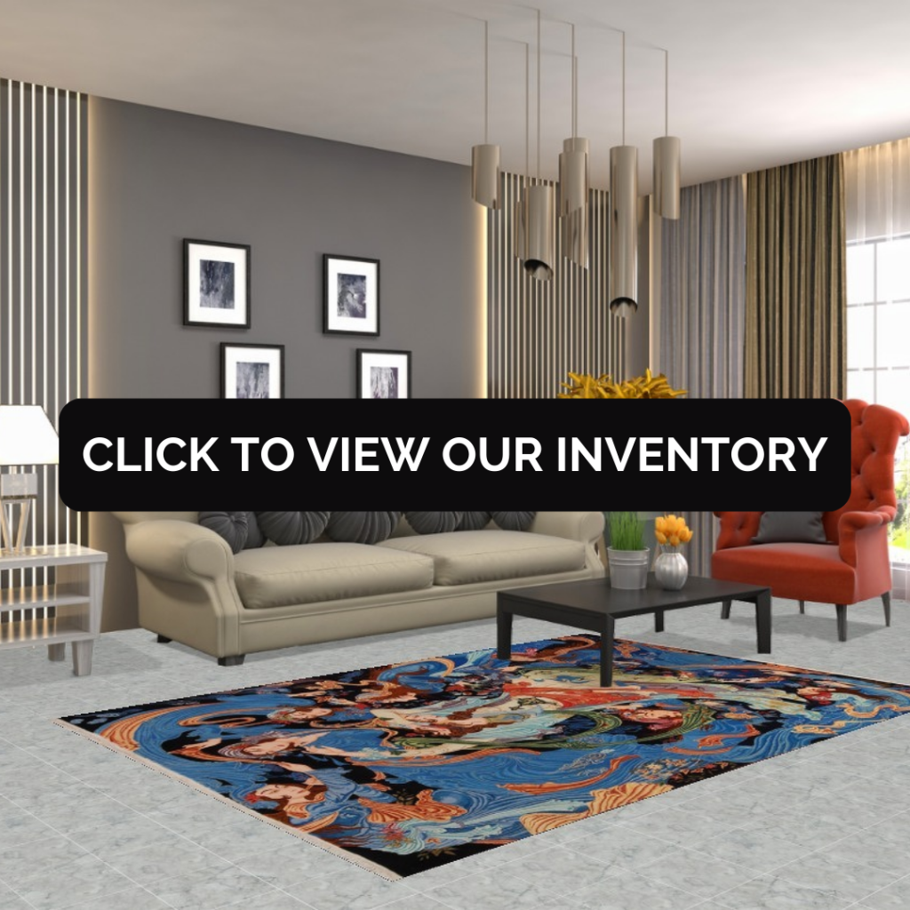 A luxurious contemporary living room featuring a striking Persian Tabriz pictorial rug with an intricate blue and red design. The rug contrasts beautifully with the neutral-toned furniture, including a tufted sofa and modern red accent chairs.