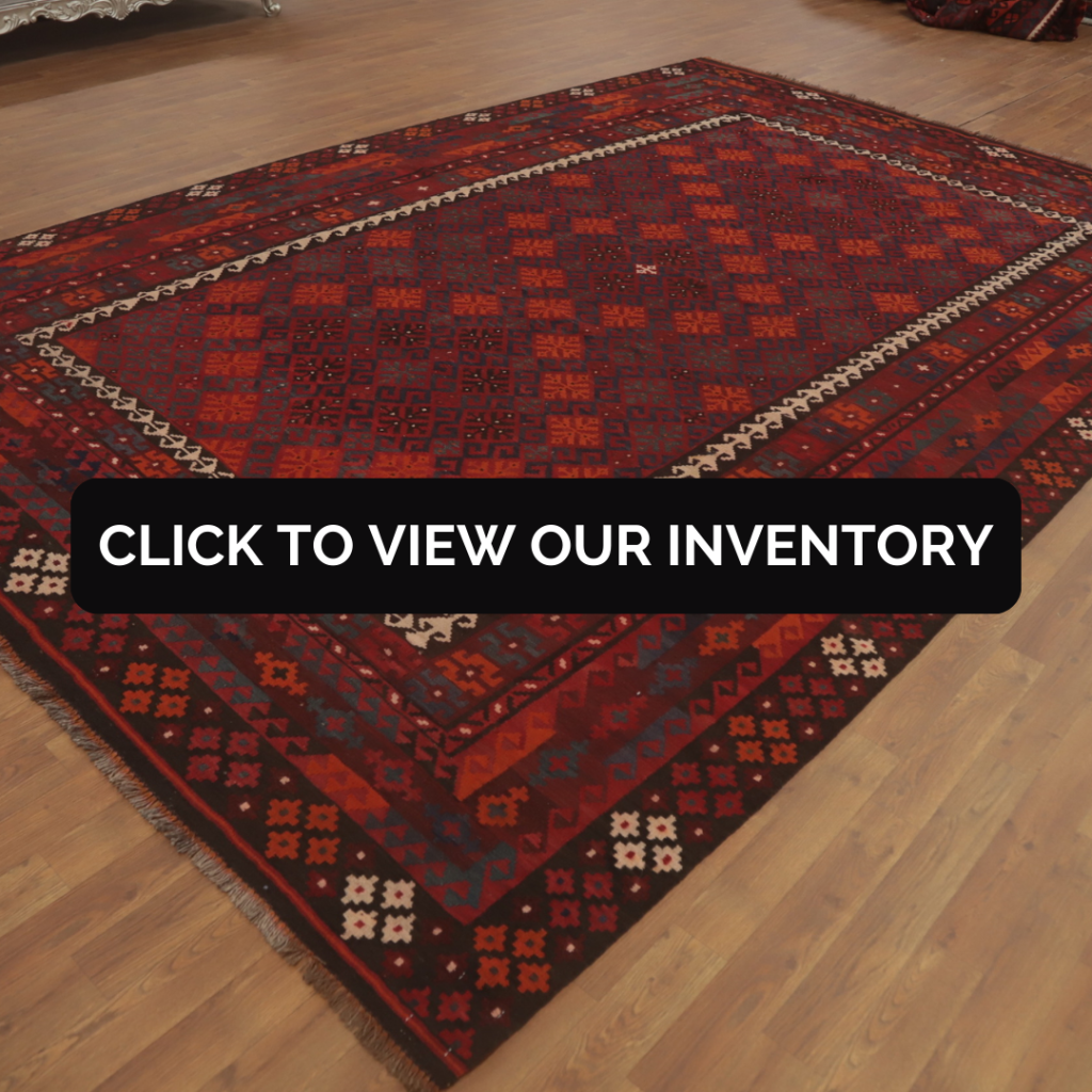 Tribal Kilim Vegetable Dye Wool Area Rug 8x13
This bold tribal kilim rug showcases deep red, orange, and black hues with symmetrical geometric patterns. It lies on a hardwood floor in a well-lit room, perfect for a rustic or bohemian interior.