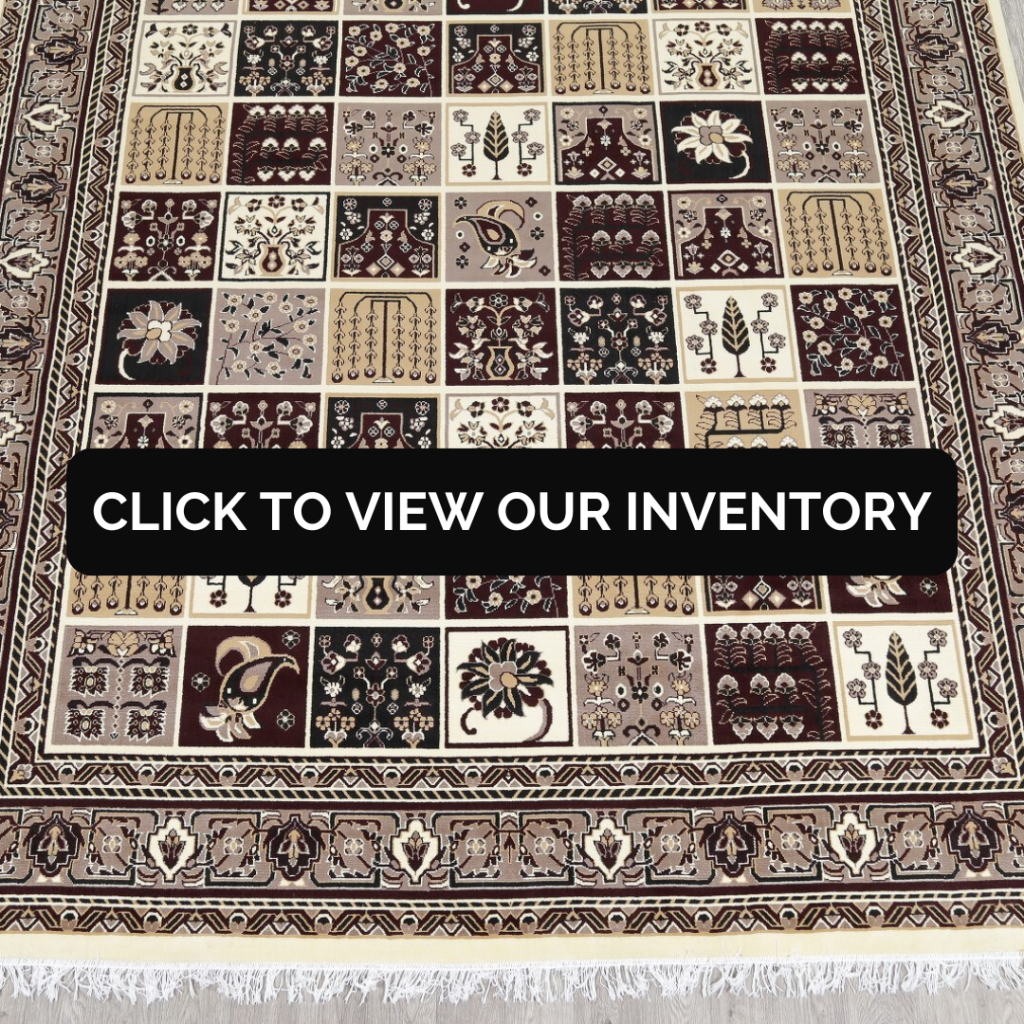 Garden Design Bakhtiari Area Rug 10x13
A richly patterned Bakhtiari rug features a garden design with repeating square floral motifs in shades of burgundy, cream, and brown. The rug’s decorative border and intricate details create a classic and timeless statement.