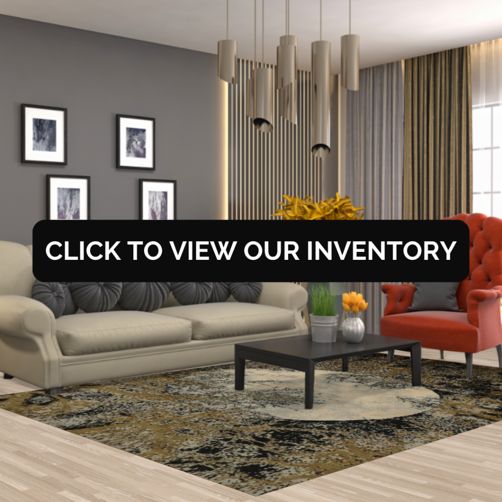 A similar contemporary living room, but with a textured rug in beige, black, and brown abstract patterns under the coffee table.