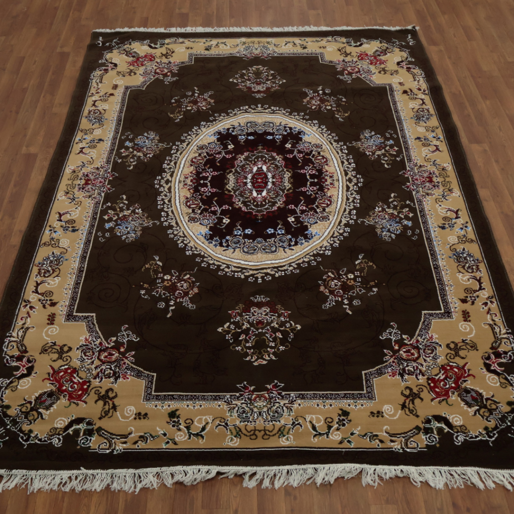 The same Persian-style rug shown in full without text, highlighting its central medallion and decorative border in red, blue, cream, and gold.