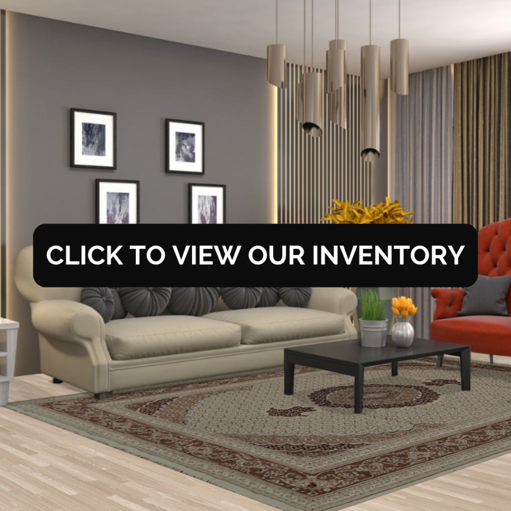 A modern living room with a beige sofa, bold orange armchair, and dark wood coffee table. The rug is an elegant cream and burgundy Persian-style design with a medallion center. Text overlay reads “Click to view our inventory.”