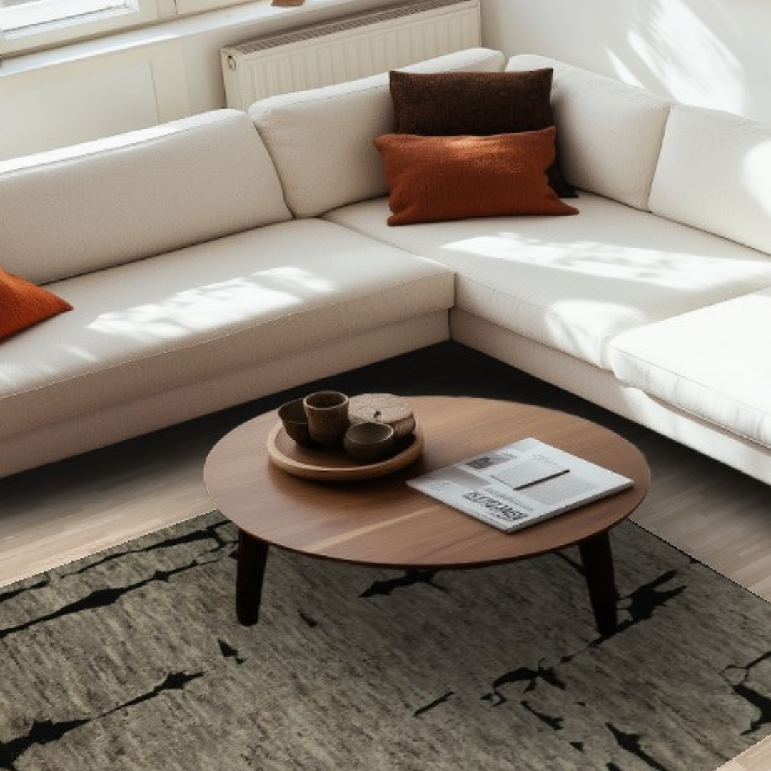 A bright, airy living room with a cream L-shaped sofa is styled with warm-toned pillows and soft natural light. An abstract beige-and-black rug lies beneath a round wooden coffee table holding stacked bowls and an open magazine. The scene feels modern, minimal, and cozy.
