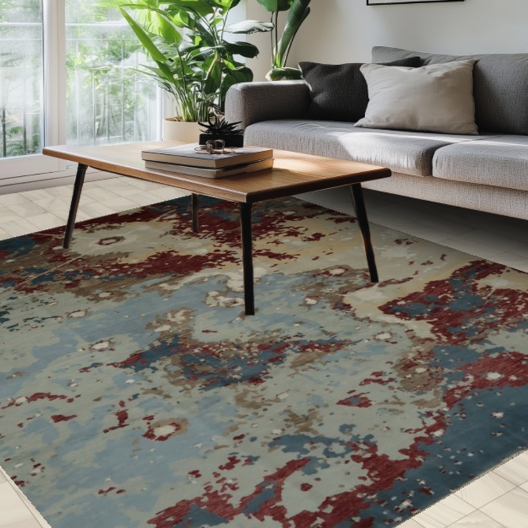 A gray sofa sits beside large windows overlooking greenery, paired with a wooden coffee table. A bold abstract rug in blue, cream, and deep red tones covers the floor. The space feels bright, modern, and airy.
