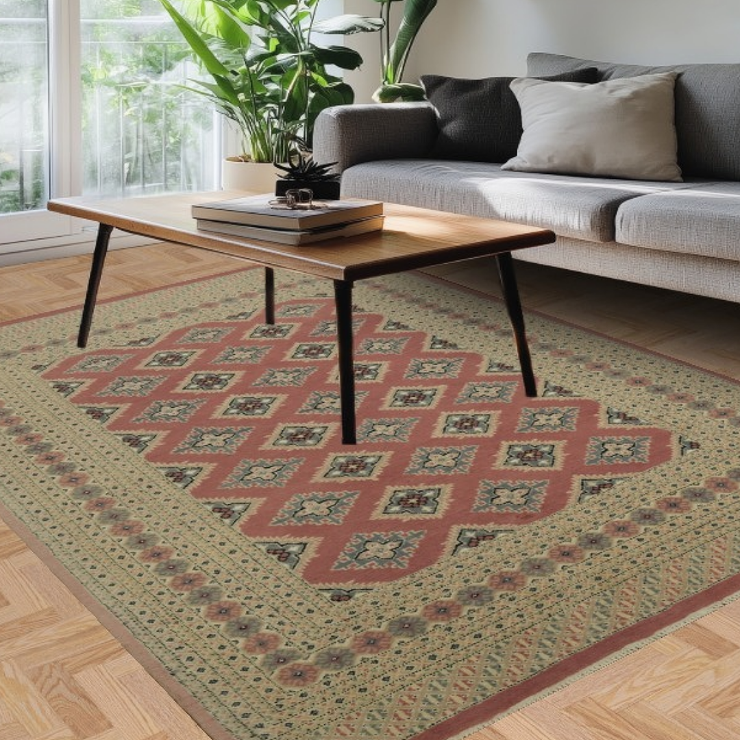 A modern living room features a gray sofa with neutral pillows beside a light wood coffee table. A large geometric rug in muted red, sage green, and tan fills the floor, adding texture and pattern. A black “CLICK TO VIEW OUR INVENTORY” button appears across the middle.