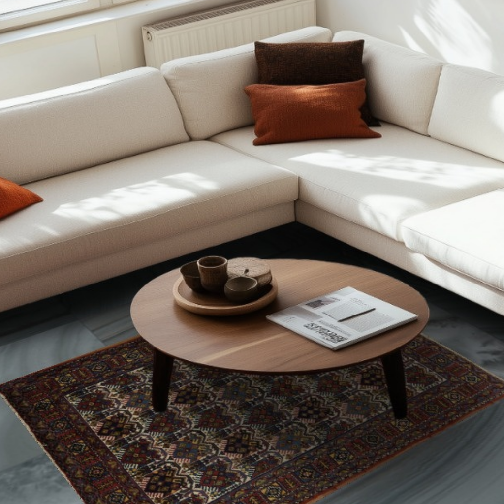 A cream-colored sectional sofa with rust and brown accent pillows sits in a softly sunlit living room. A small traditional rug with intricate geometric motifs in deep red, navy, and gold lies beneath a round wooden coffee table. The space feels warm, modern, and inviting.