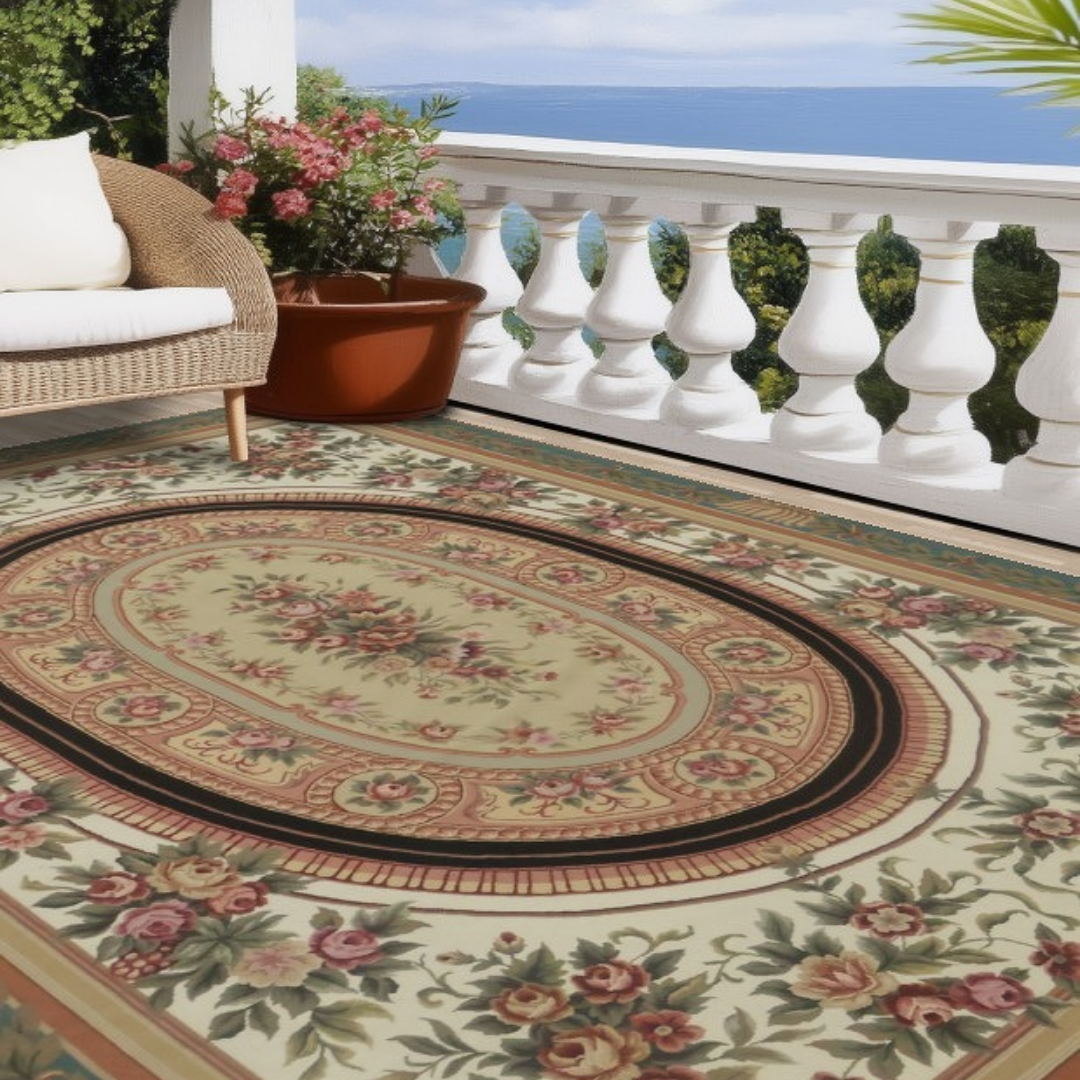 Close-up view of a floral oval rug on an outdoor terrace, showing detailed rose motifs and a soft green background. A potted plant and white railing frame a scenic ocean view beyond.