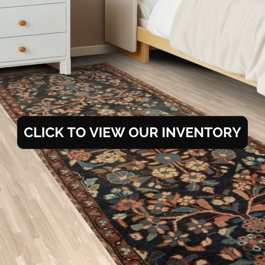 “Floral patterned runner rug beside a bed and nightstand on a light wood bedroom floor.”