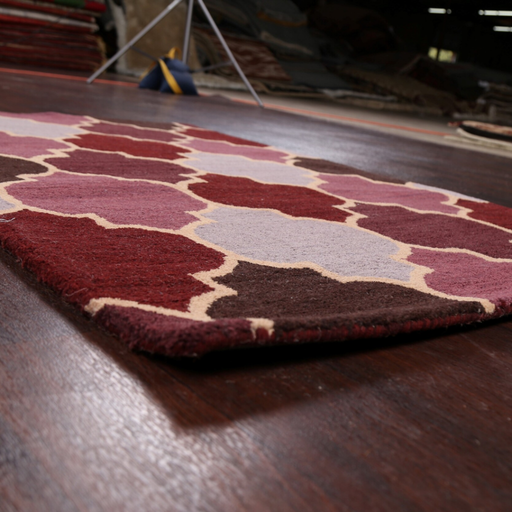 “Low-angle close-up of a patterned area rug on a dark wood floor.”