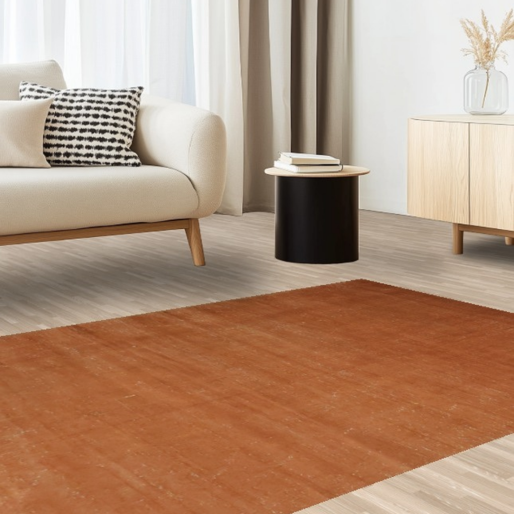 A minimalist living room with neutral decor and a cream sofa, featuring a plain terracotta rug with a soft, worn texture. The space is softly lit with natural light.