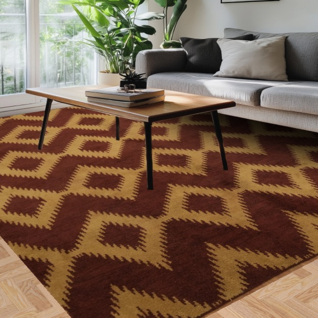 A contemporary living room with natural light, a gray sofa, and a wooden coffee table, showcasing a brown and tan geometric rug with repeating diamond shapes. The design adds warmth to the space.