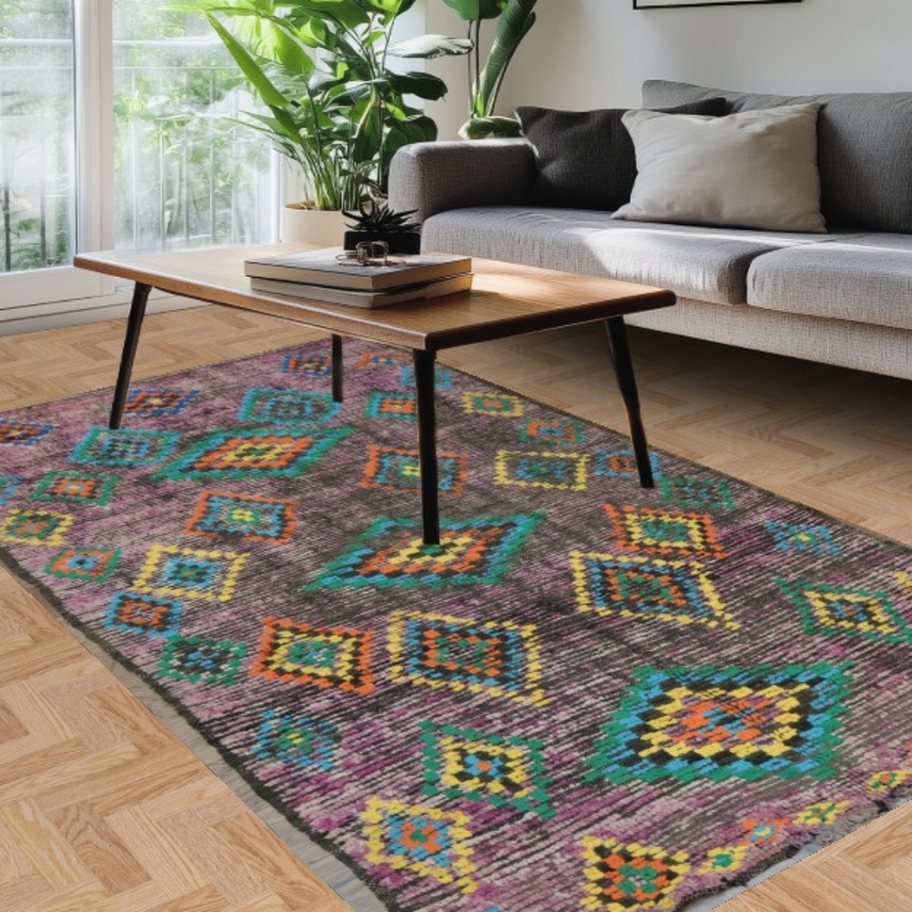 A bright living room with a gray sofa and wooden coffee table set over a vibrant geometric rug with multicolored diamond patterns. The space is filled with natural light from a nearby window.
