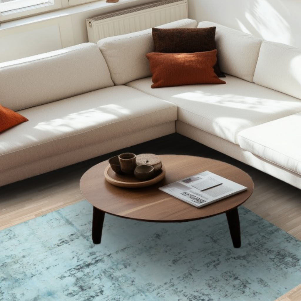 A modern living room with a white sectional sofa, wooden coffee table, and natural light, featuring a faded blue rug with a vintage, textured look.