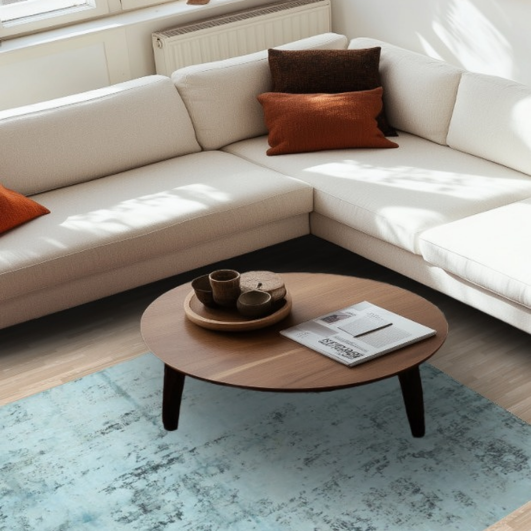 A modern living room with a white sectional sofa, wooden coffee table, and natural light, featuring a faded blue rug with a vintage, textured look.