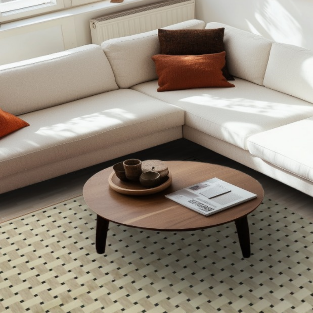 A sunlit living room with a cream sectional sofa and wooden coffee table placed on a light geometric rug with a subtle grid pattern. Natural light creates soft shadows across the clean, modern space.