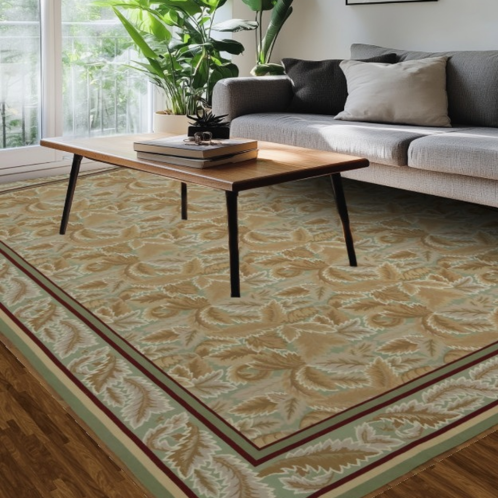 A close-up view of a vintage-style rug with rich red tones and intricate green and beige floral detailing, showing worn texture and classic design. A black banner overlays the center with the text “Click to view our inventory.”