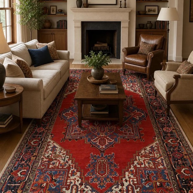 This exquisite rug showcases a captivating medallion design centered on a deep crimson field. Intricately woven with geometric motifs in vibrant blues and rich earthy tones, it evokes a sense of timeless elegance and classic style. Perfect for adding a bold yet sophisticated touch to any space, this rug effortlessly commands attention while still complementing various decor styles. A Beautiful Genuine Iran ( Persia ) Heriz rug is Hand Knotted by skillful weavers in Iran ( Persia ) with 100% Wool Material. This rug is in Very Good (Low Pile-Abrash) condition. dimensions are 12' 2'' X 8' 3'' in foot and 371 X 251 in centimeter. the primary color is Red. Our Used Hand-Knotted Rugs are Professionally Washed & Cleaned. This rug comes with free shipping and 30 days return for full refund with no question asked. At Rugsource we offer 100% Satisfaction guaranteed at the wholesale price so everyone can have a beautiful rug in their house to bring warmth and joy by adding a handmade rug.