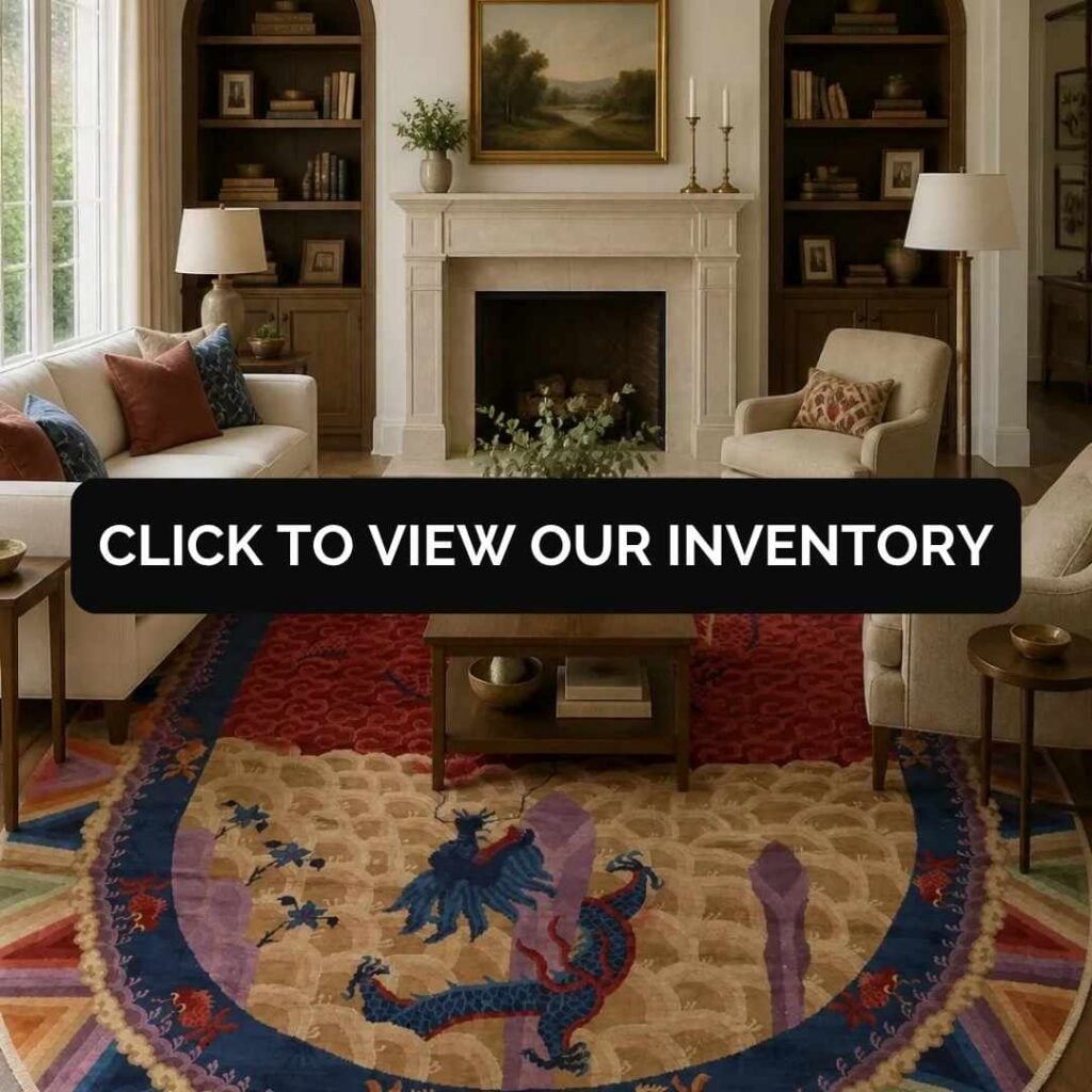 Classic living room showcasing a bold round rug with a blue dragon design, traditional furnishings, and a "Click to View Our Inventory" banner.