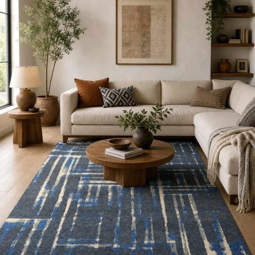 Modern living room with a blue geometric area rug, neutral sectional sofa, wood coffee table
