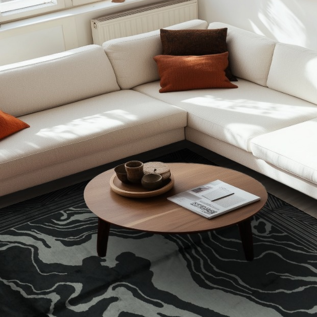 A sunlit living room with a cream sectional sofa, wooden coffee table, and decorative tray, set on a dark abstract rug. Natural light streams through the window, highlighting the clean, modern decor.